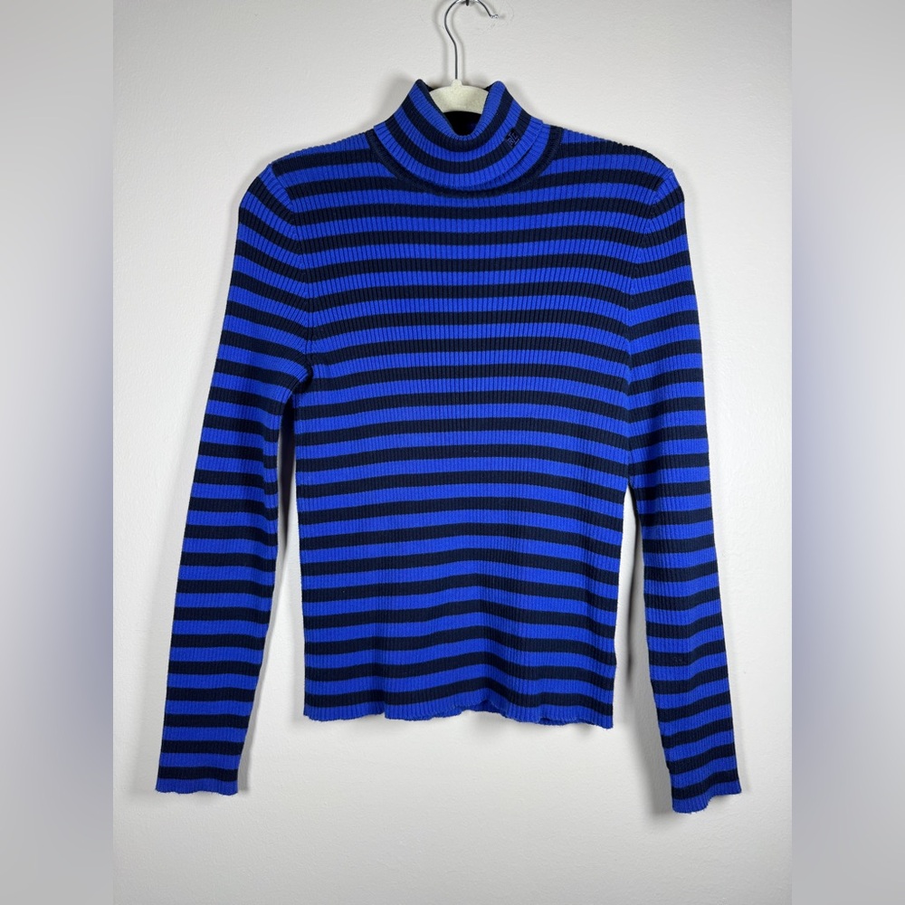 LAUREN RALPH LAUREN Vintage Y2K  Blue /Navy Striped Ribbed Turtleneck Preppy - Picture 3 of 7